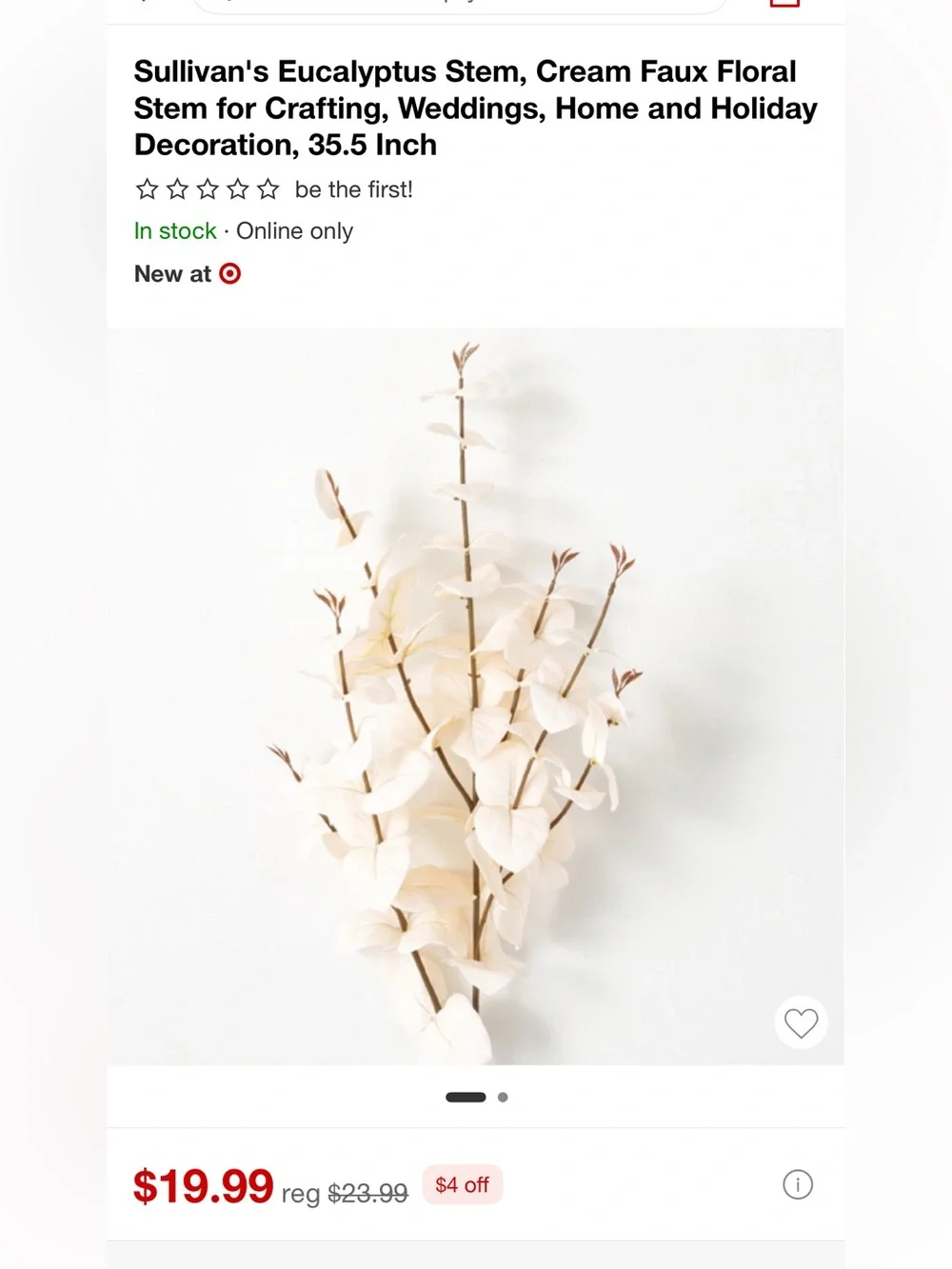 Sullivans Faux Eucalyptus Stems Set of 8 Ivory 35.5” NWT